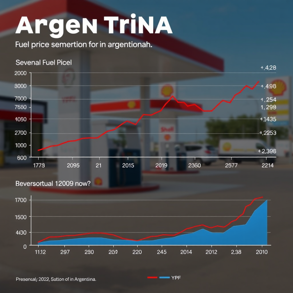 Gráfico detallado mostrando las fluctuaciones estacionales de precios de combustible en Argentina con estaciones de servicio YPF y Shell en el fondo, incluyendo datos históricos y tendencias de precios por región
