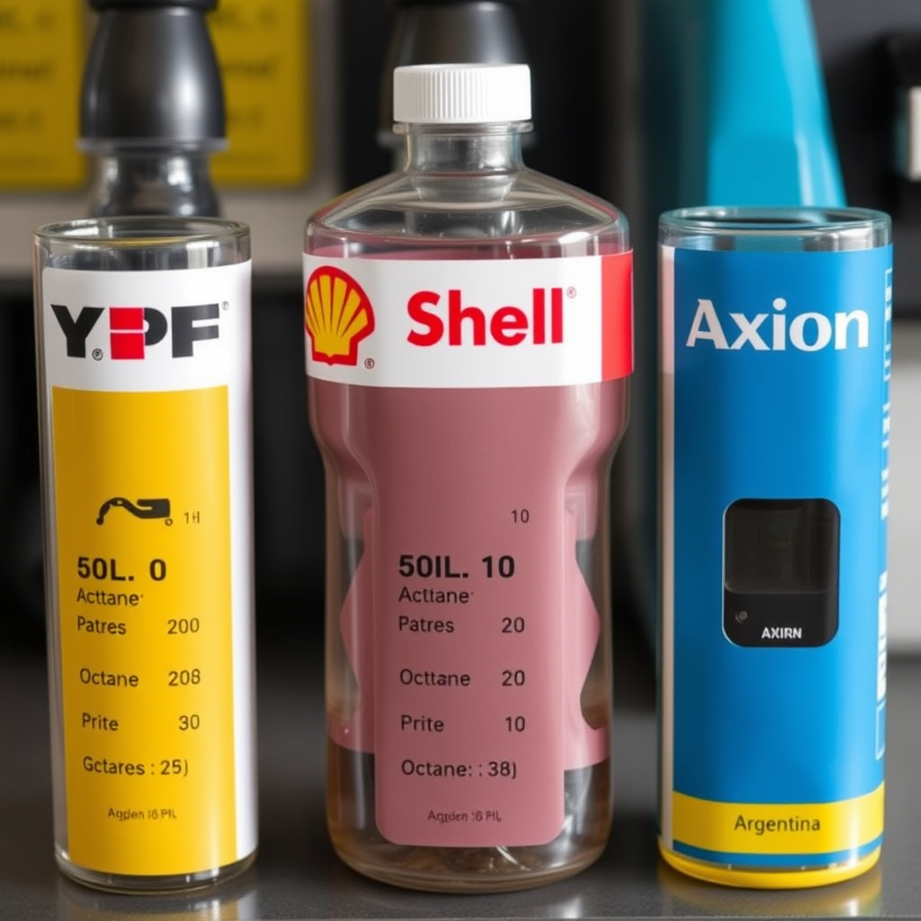 Comparación visual de diferentes marcas de combustible argentinas incluyendo YPF, Shell y Axion con muestras de combustible y equipos de análisis de calidad mostrando octanaje y aditivos